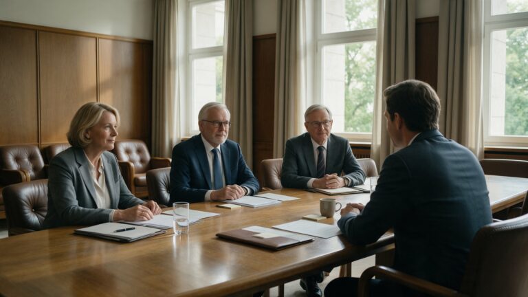 Członkowie rady nadzorczej prowadzą rozmowę z kandydatem na prezesa zarządu przy stole konferencyjnym